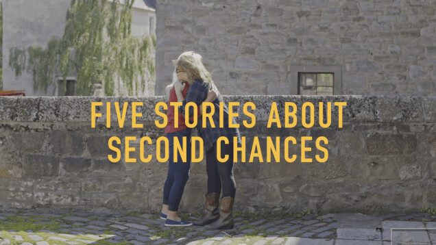 Two people embracing. The caption reads 'Five stories about second chances'